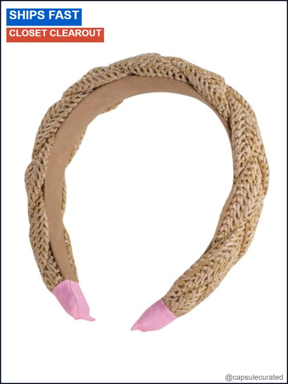 Braided Raffia Headband with Pink Trim Slim Fit Woven Hair Accessory